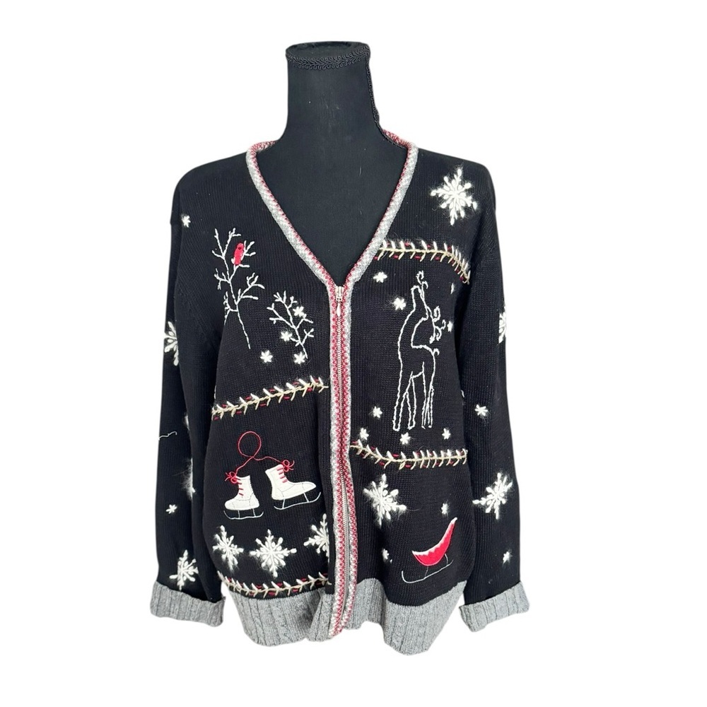 Vintage Y2K Holiday Lodge Christmas Sweater Cardigan Black L J311